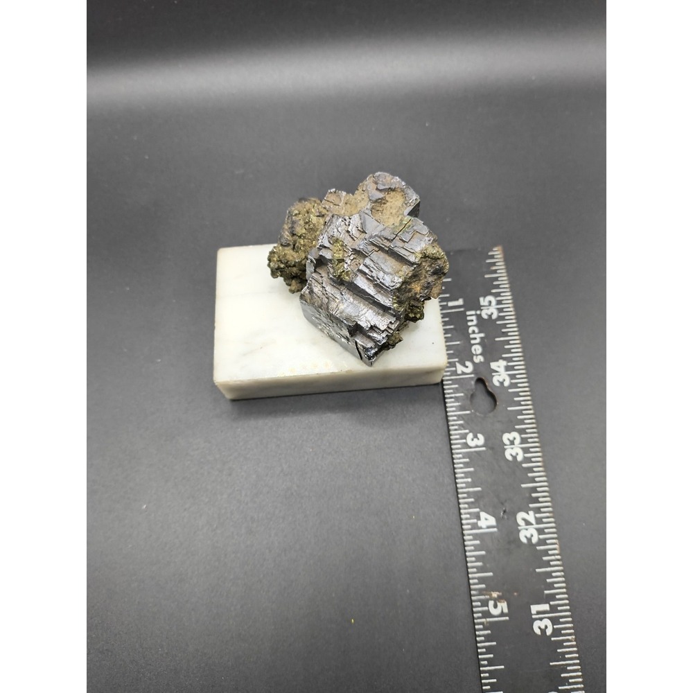 Vintage 1960s Galena & Pyrite Mineral Specimen on Italian Marble Base - 3" x 2", - Picture 8 of 8